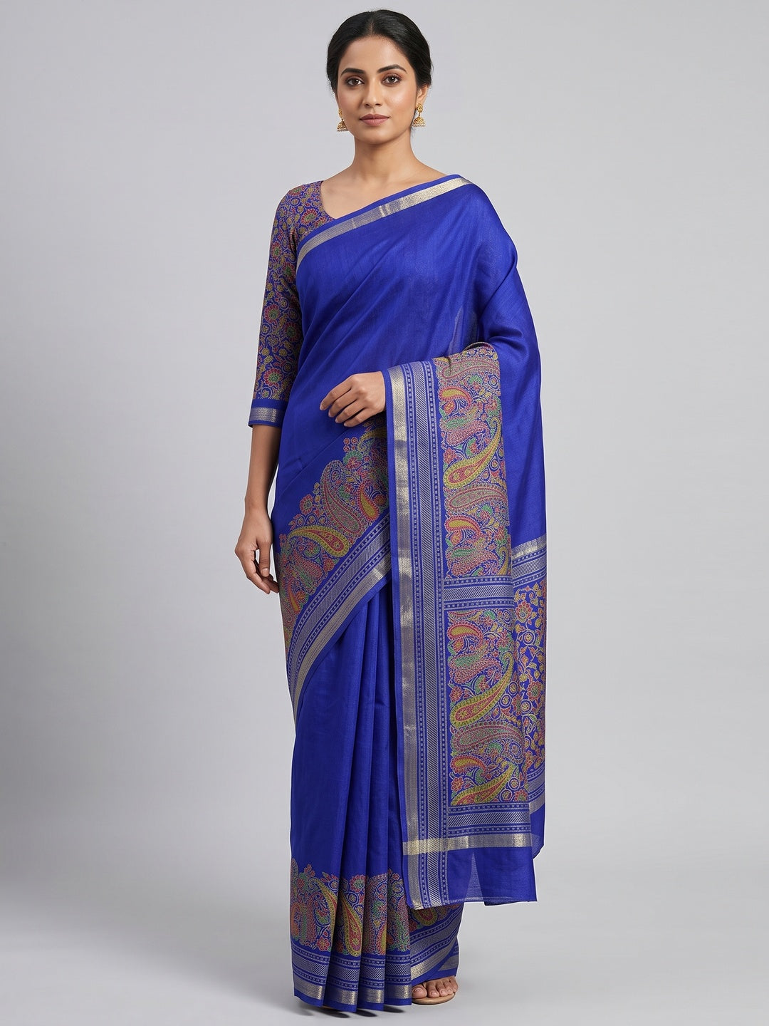 Traditional Blue Kashmiri Printed Silk Blend Saree - Image 1