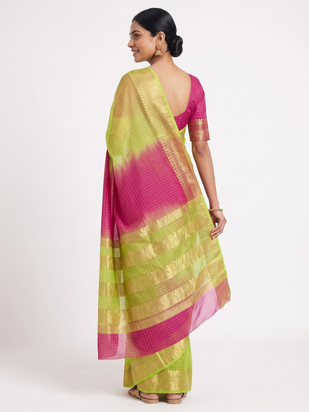 Classic Green & Pink Kerala Inspired Checked Weaving Organza Saree - Image 2