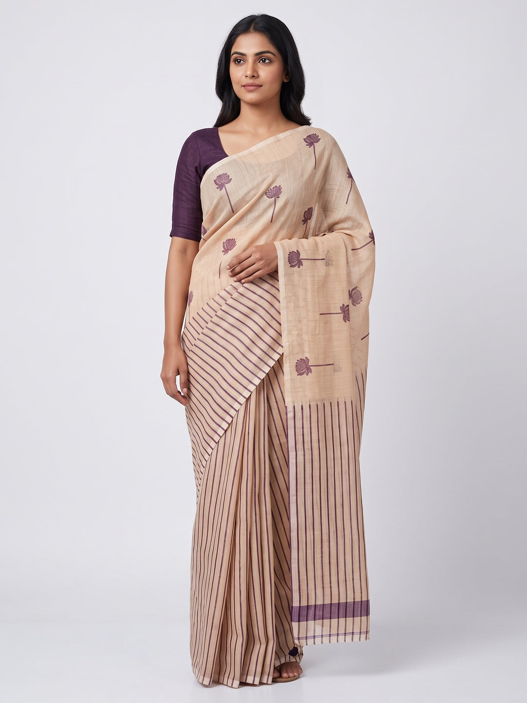 Beige Floral Print Saree in Breathable Pure Linen Fabric - Image 1