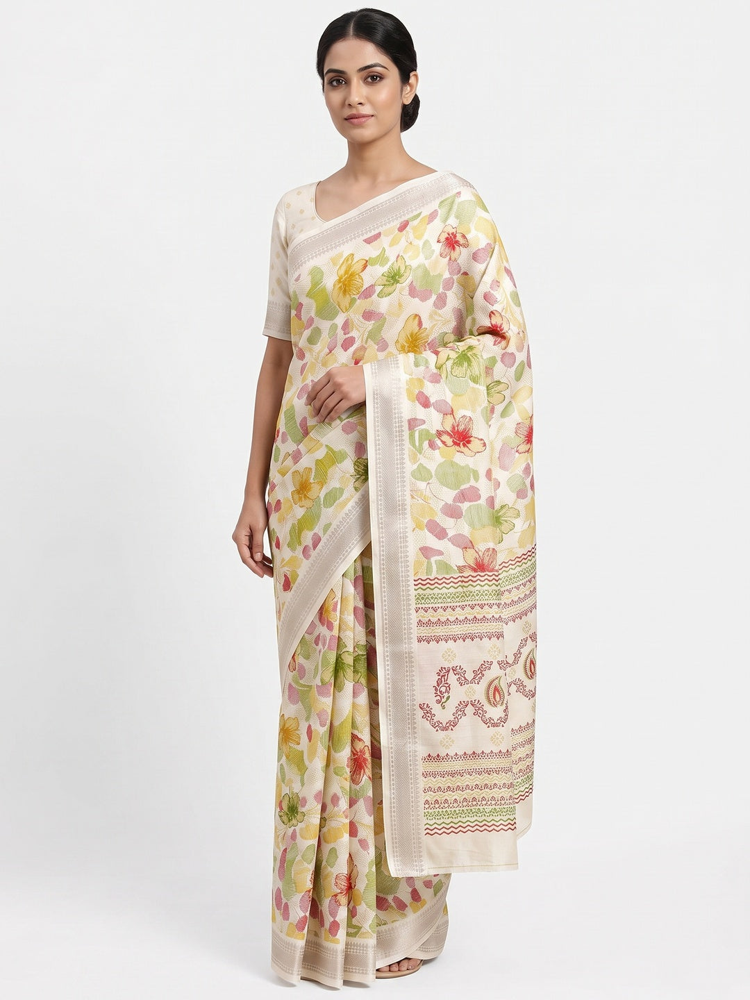 Classic Cream Floral Printed Cotton Blend Saree With Elegant Zari Weaving Border - Image 1