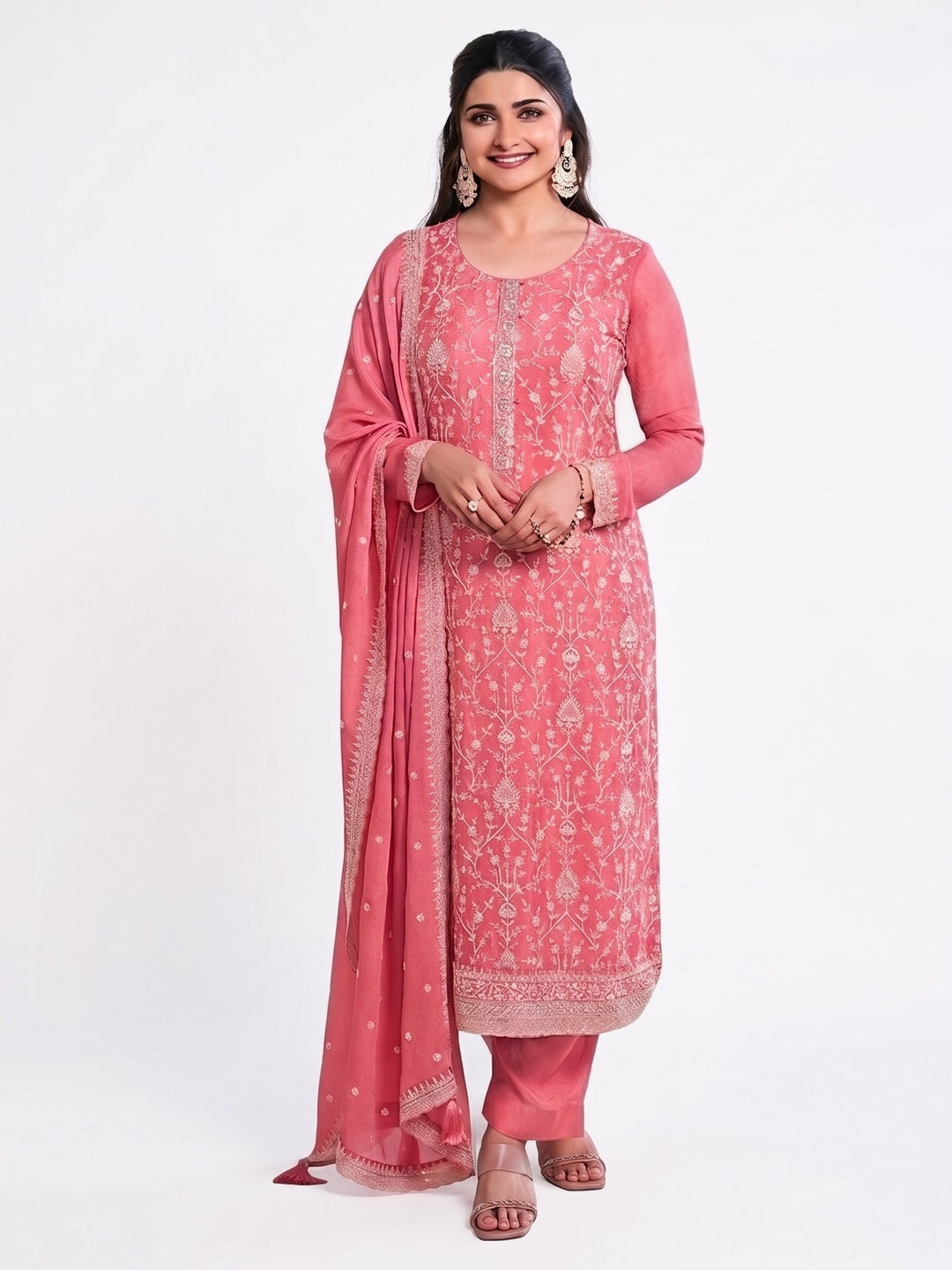 Peach Embroidered With Diamond Work Chinon Silk Semi Stitched Suit - Image 4