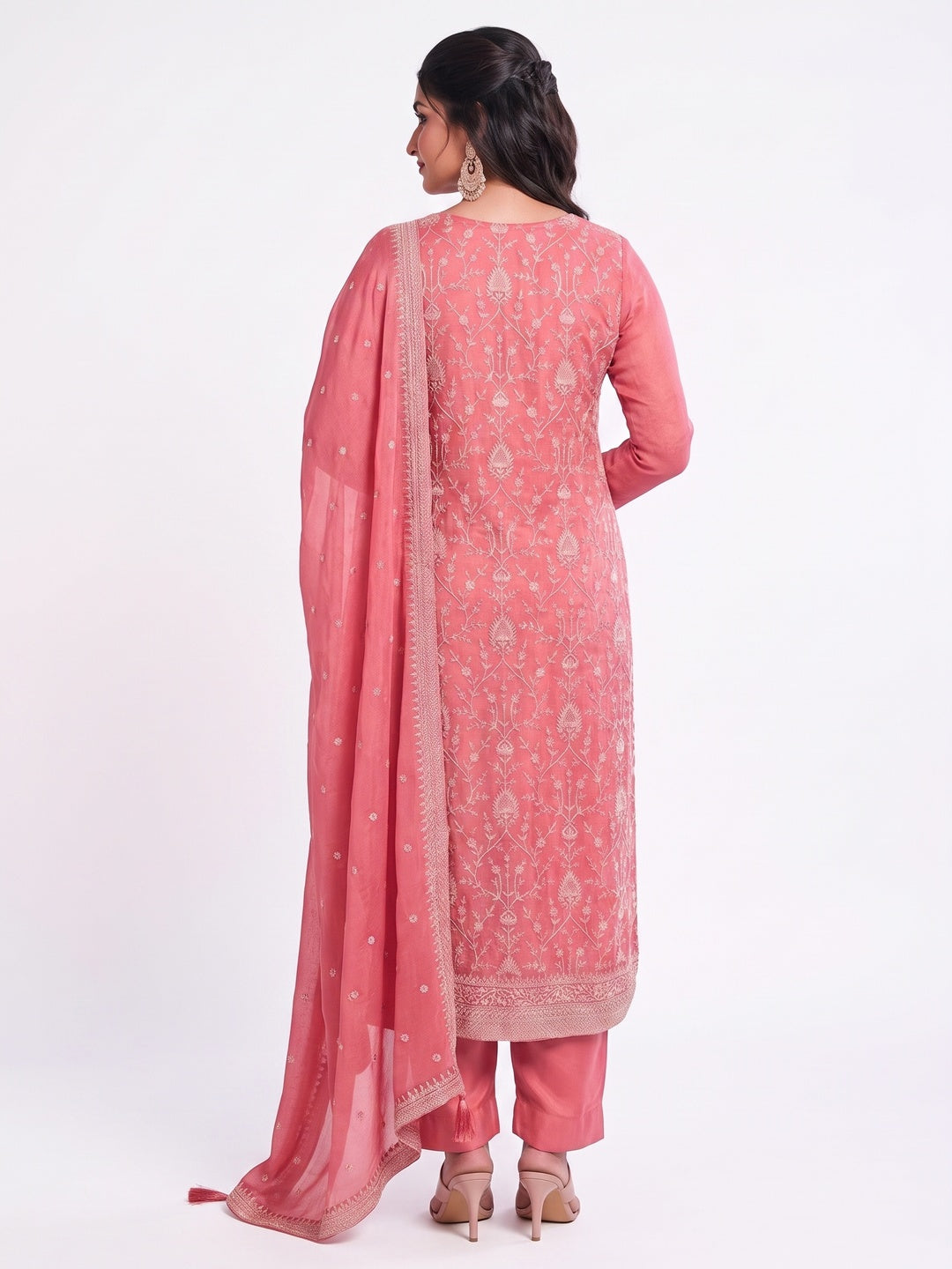 Peach Embroidered With Diamond Work Chinon Silk Semi Stitched Suit - Image 5