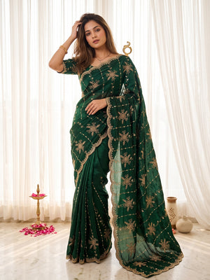 Peachmode Green Satin Embroidered Saree - Image 1