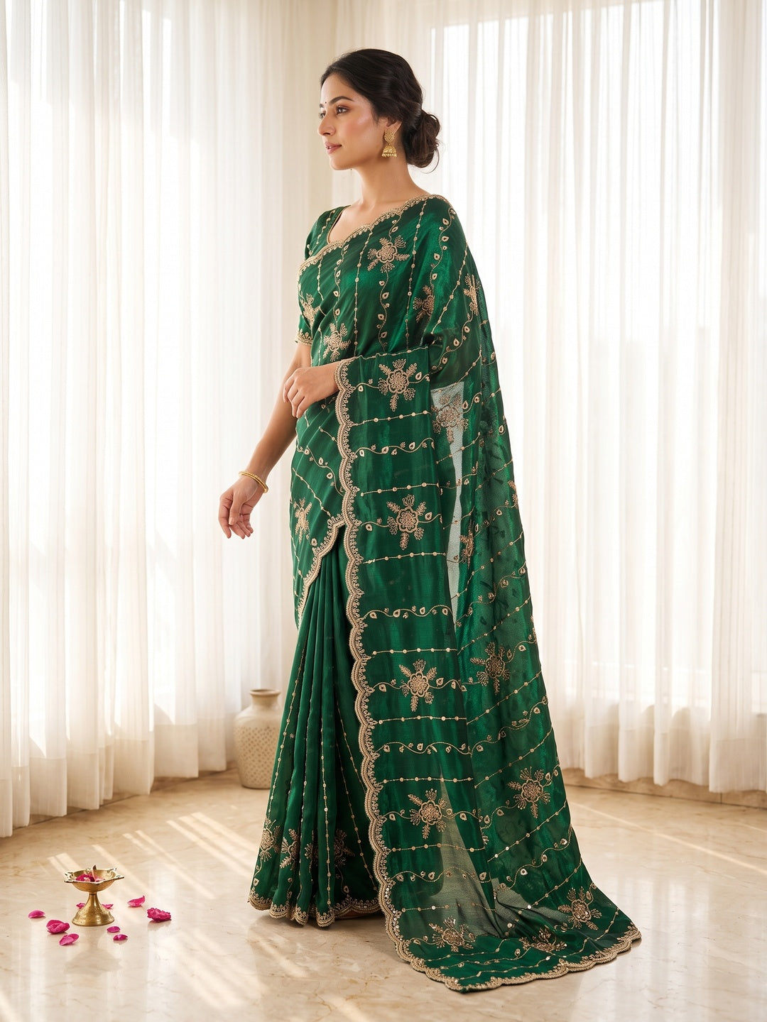Peachmode Green Satin Embroidered Saree - Image 5