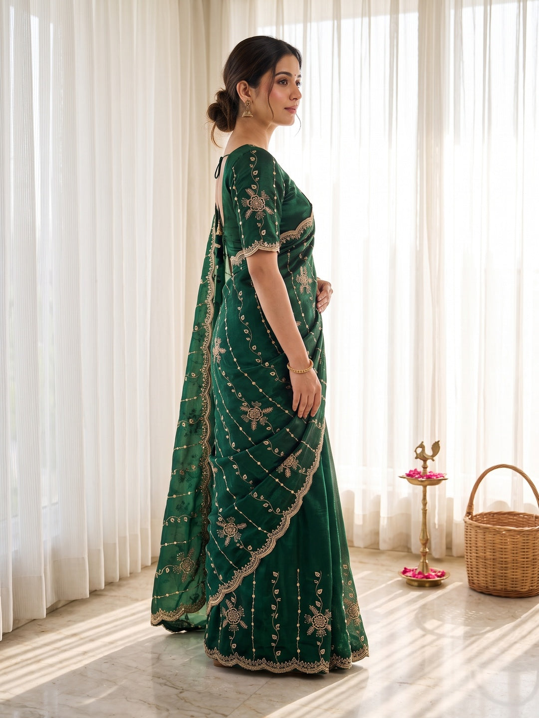 Peachmode Green Satin Embroidered Saree - Image 6