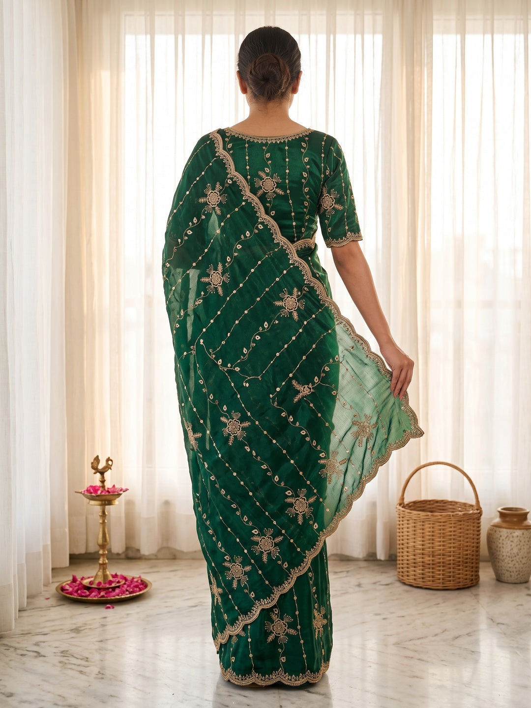 Peachmode Green Satin Embroidered Saree - Image 3