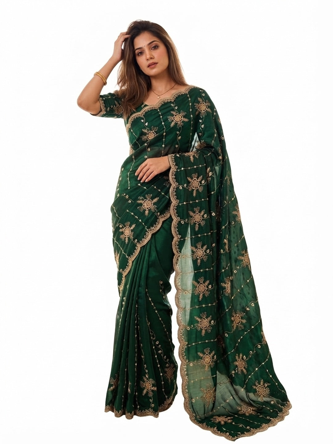 Peachmode Green Satin Embroidered Saree - Image 7