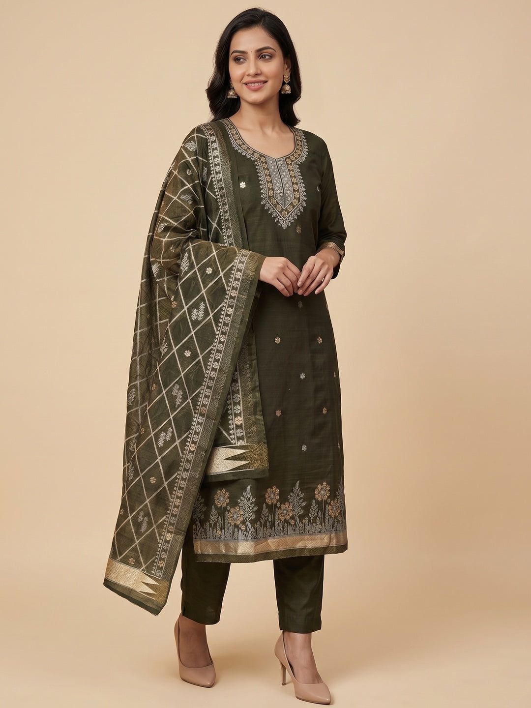 Premium Mehendi Green Floral Weaving Chanderi Silk Dress Material With Intricate Zari Work - Image 2
