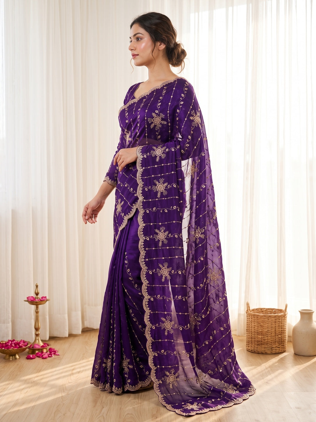 Peachmode Purple Satin Embroidered Saree - Image 5