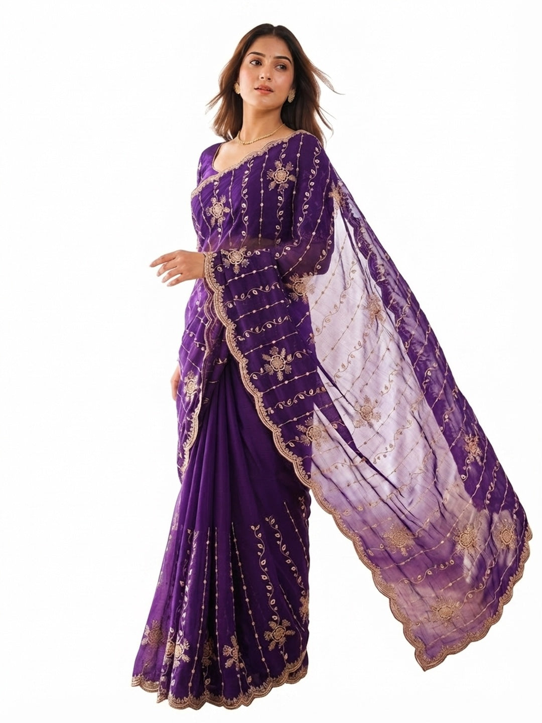 Peachmode Purple Satin Embroidered Saree - Image 7