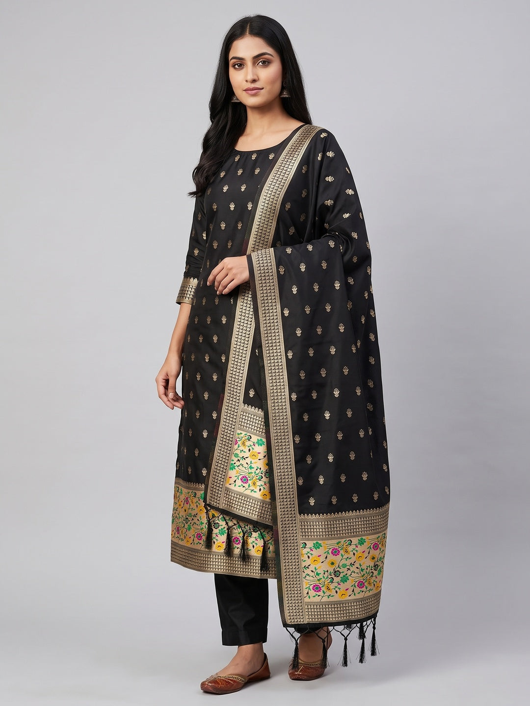 Black Floral Zari Woven Banarasi Silk Dress Material - Image 1