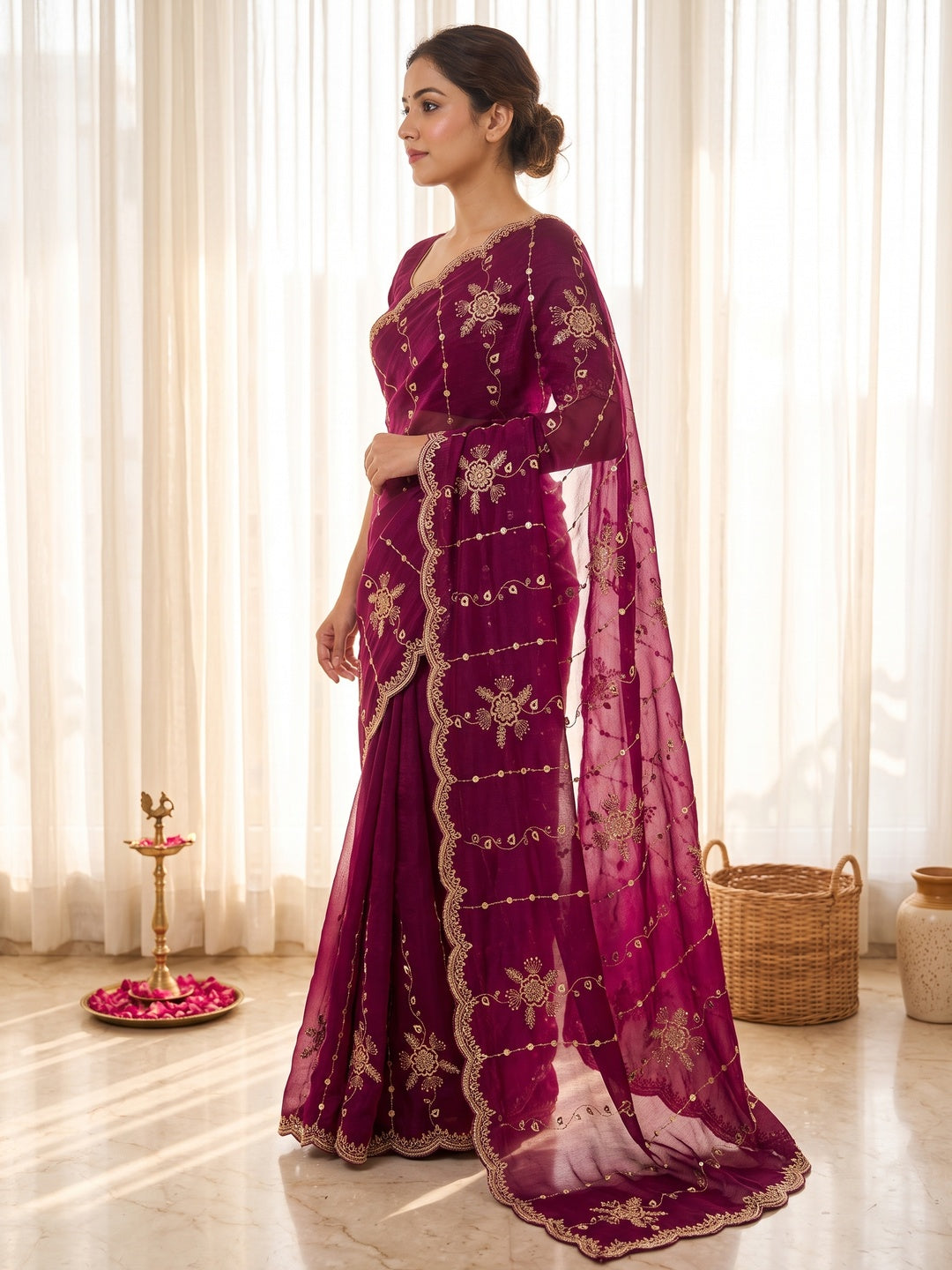 Peachmode Magenta Satin Embroidered Saree - Image 4