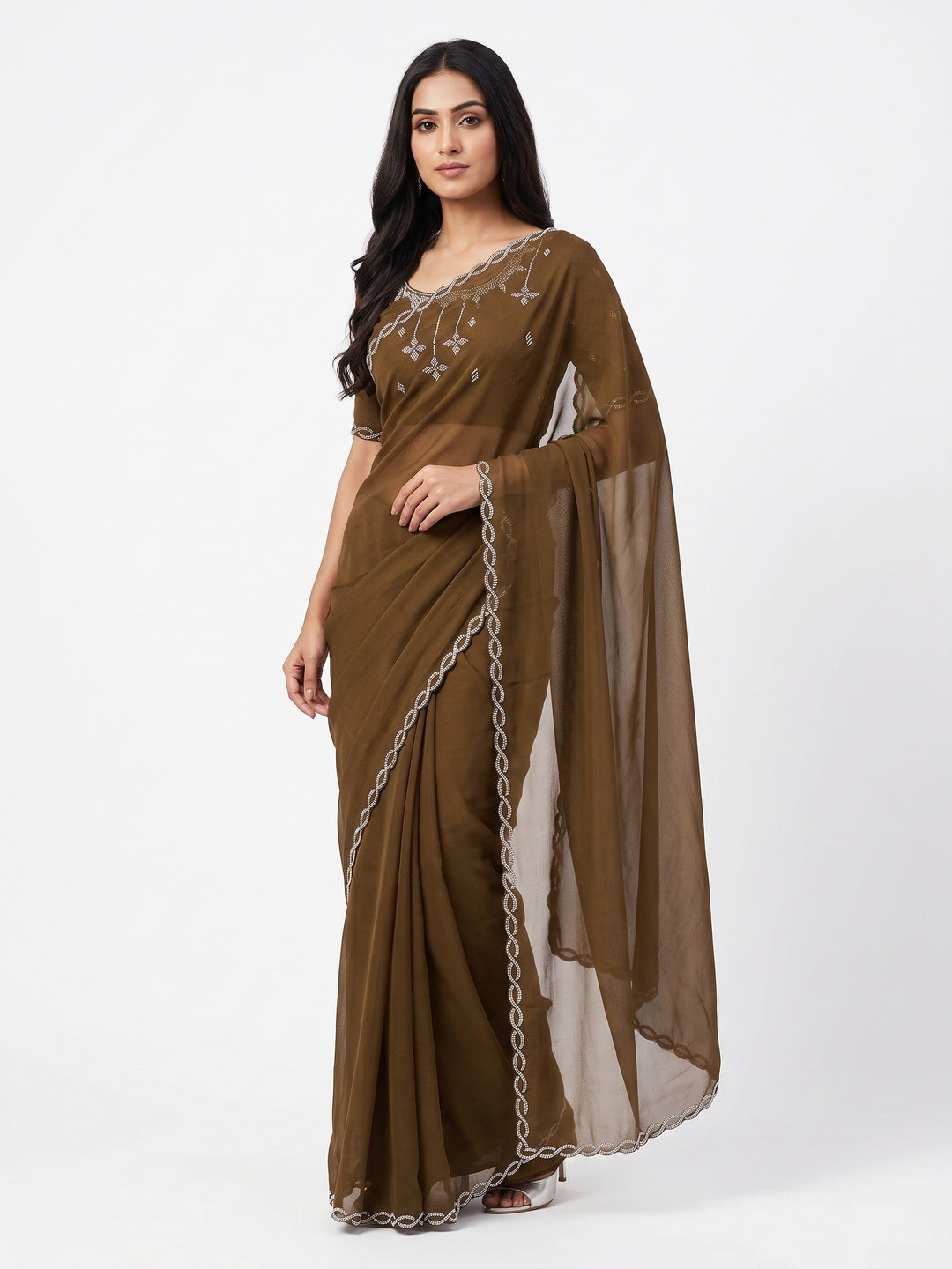 Olive Brown Embellished Chiffon Saree with Sparkling Swarovski Details - Image 1