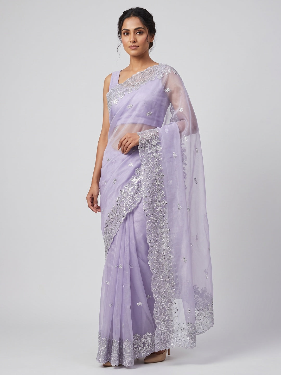 Lavender Sequins Embroidered Twill Net Designer Embellished Saree - Image 1
