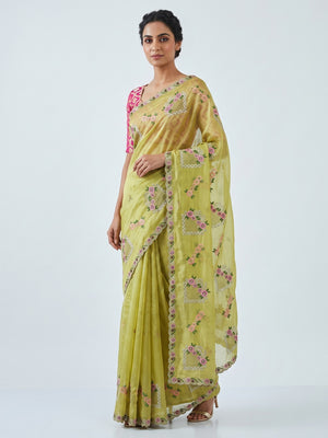 Stunning Yellow Floral Embroidery & Swarovski Adorned Paper Silk Saree with Cutwork Border - Image 1