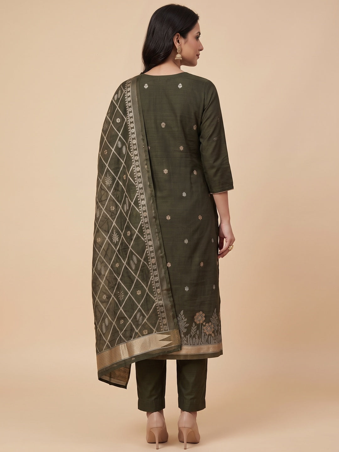 Premium Mehendi Green Floral Weaving Chanderi Silk Dress Material With Intricate Zari Work - Image 4