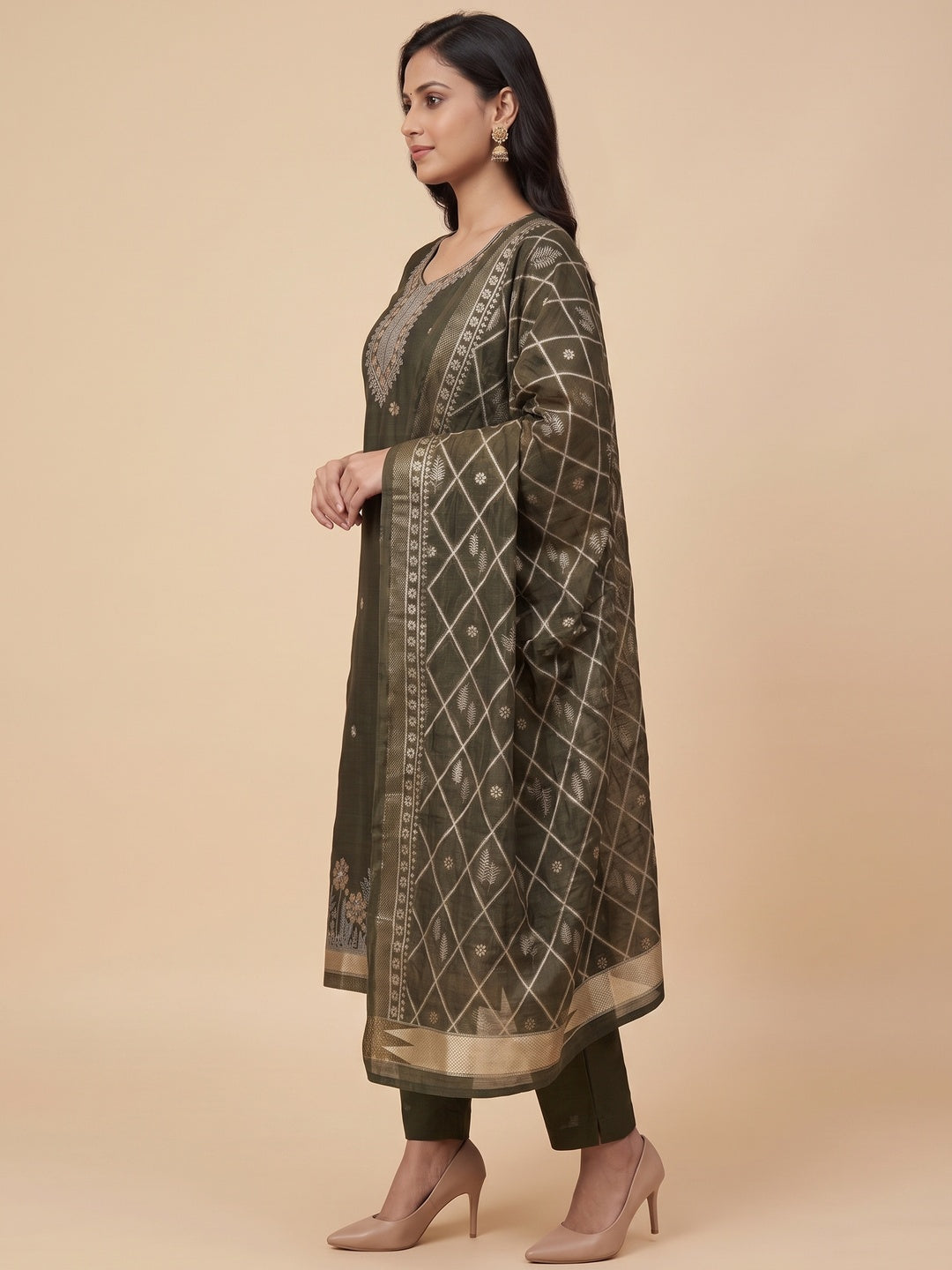 Premium Mehendi Green Floral Weaving Chanderi Silk Dress Material With Intricate Zari Work - Image 5