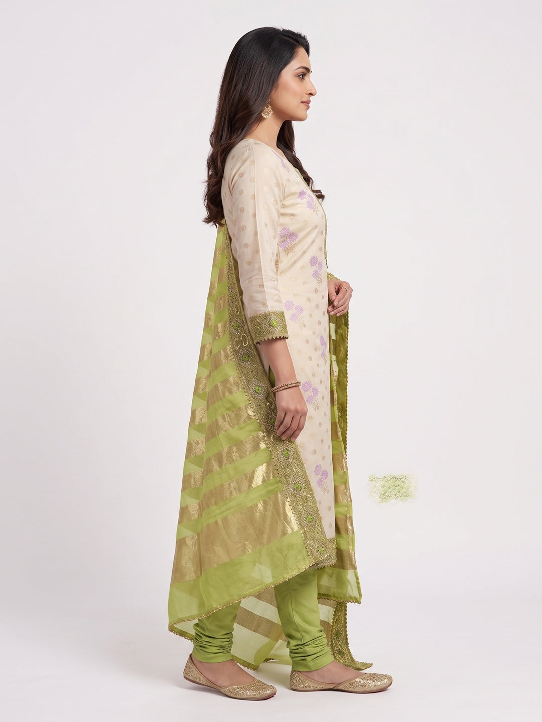 Cream & Green Floral Weaving Shimmer Dress Material Adorned With Elegant Sequins Embroidery - Image 5