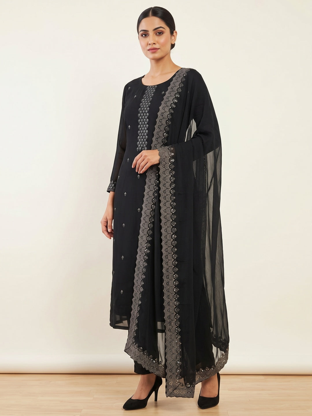 Black Floral Sequins Embroidered Georgette Dress Material - Image 1