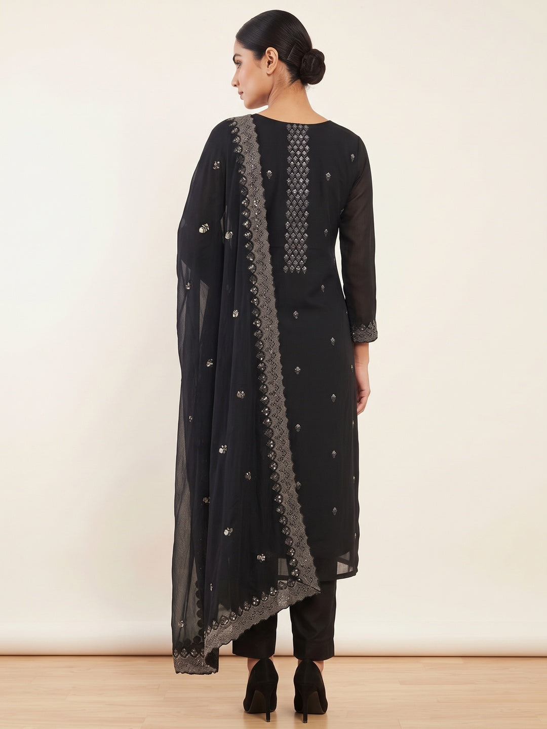 Black Floral Sequins Embroidered Georgette Dress Material - Image 2