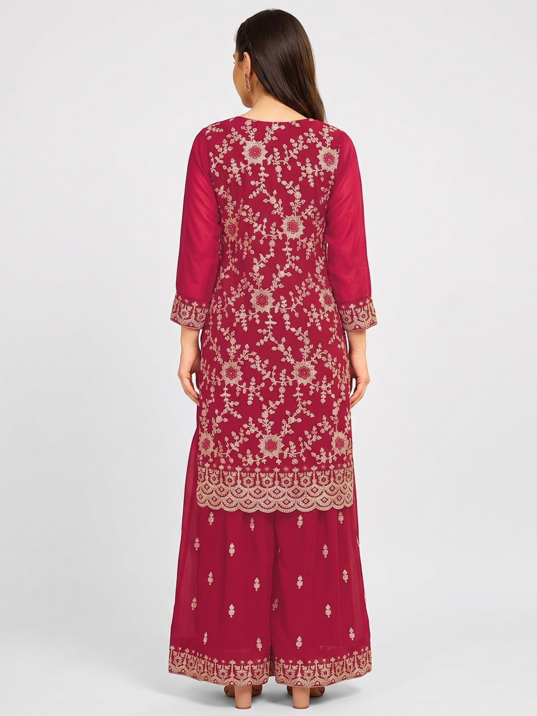 Pink Floral Embroidered Georgette Semi Stitched Suit - Image 1