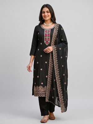 Charming Black Floral Embroidery With Sparkling Diamond Work Vichitra Silk Dress Material - Image 2