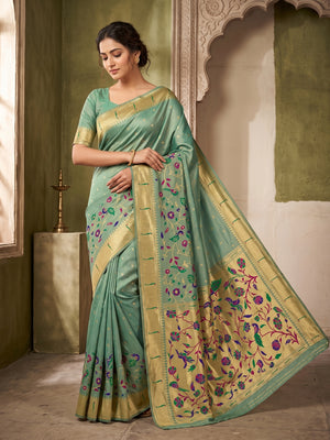 Peachmode Sea Green Bamboo Tissue Silk Paithani Saree - Image 1