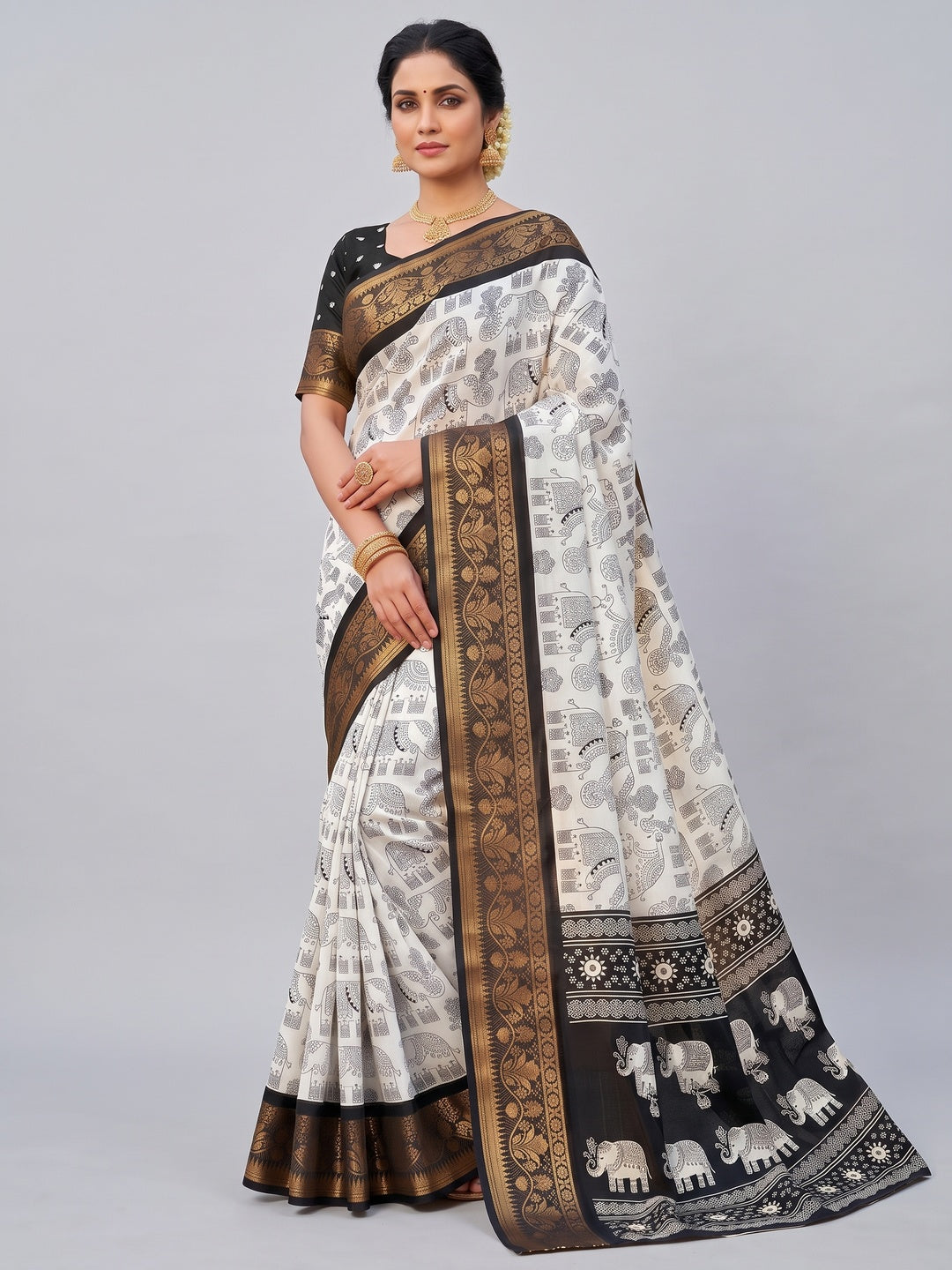 White Dola Silk Saree with Black Border Lightweight Festive Outfit - Image 1
