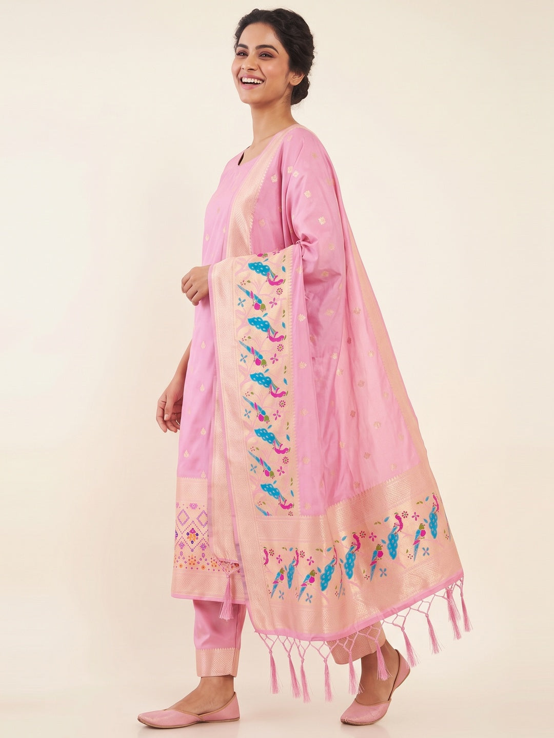Baby Pink Floral Zari Woven Banarasi Silk Dress Material - Image 4