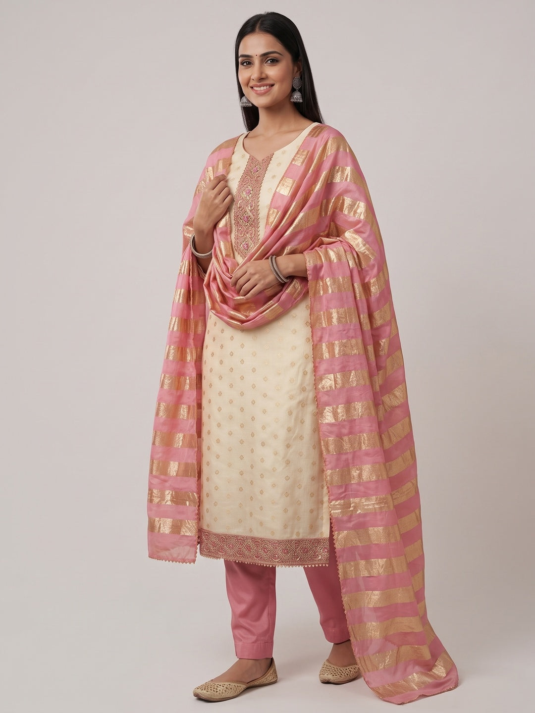 Cream & Pink Floral Weaving Shimmer Dress Material Adorned With Elegant Sequins Embroidery - Image 2