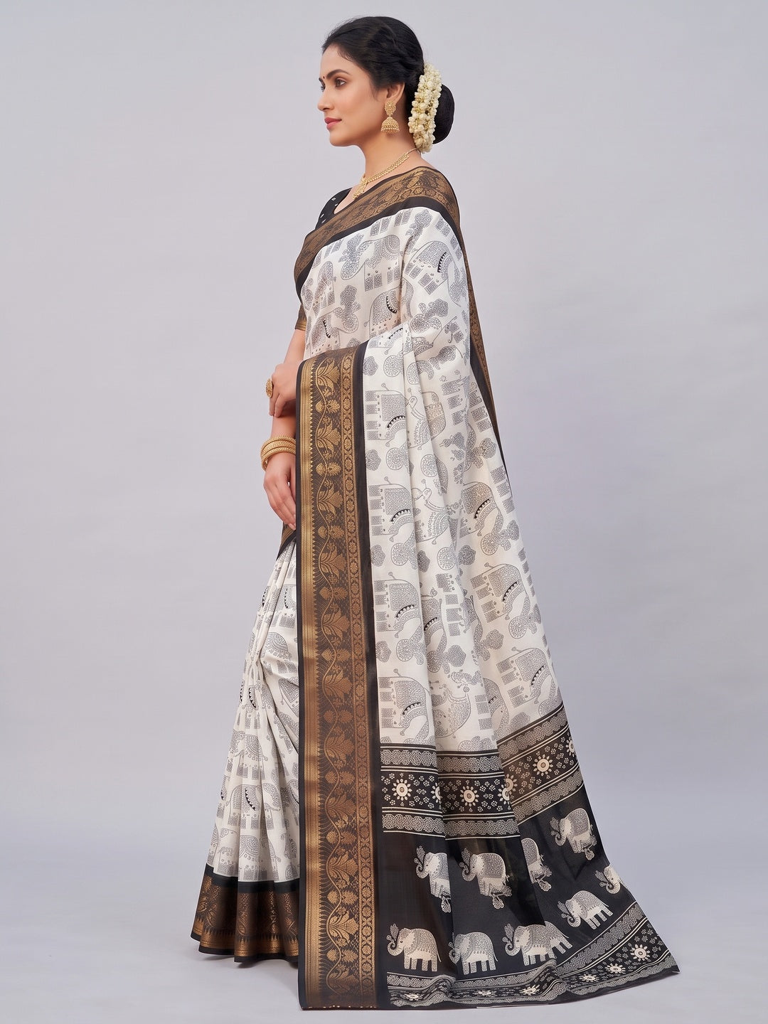 White Dola Silk Saree with Black Border Lightweight Festive Outfit - Image 3