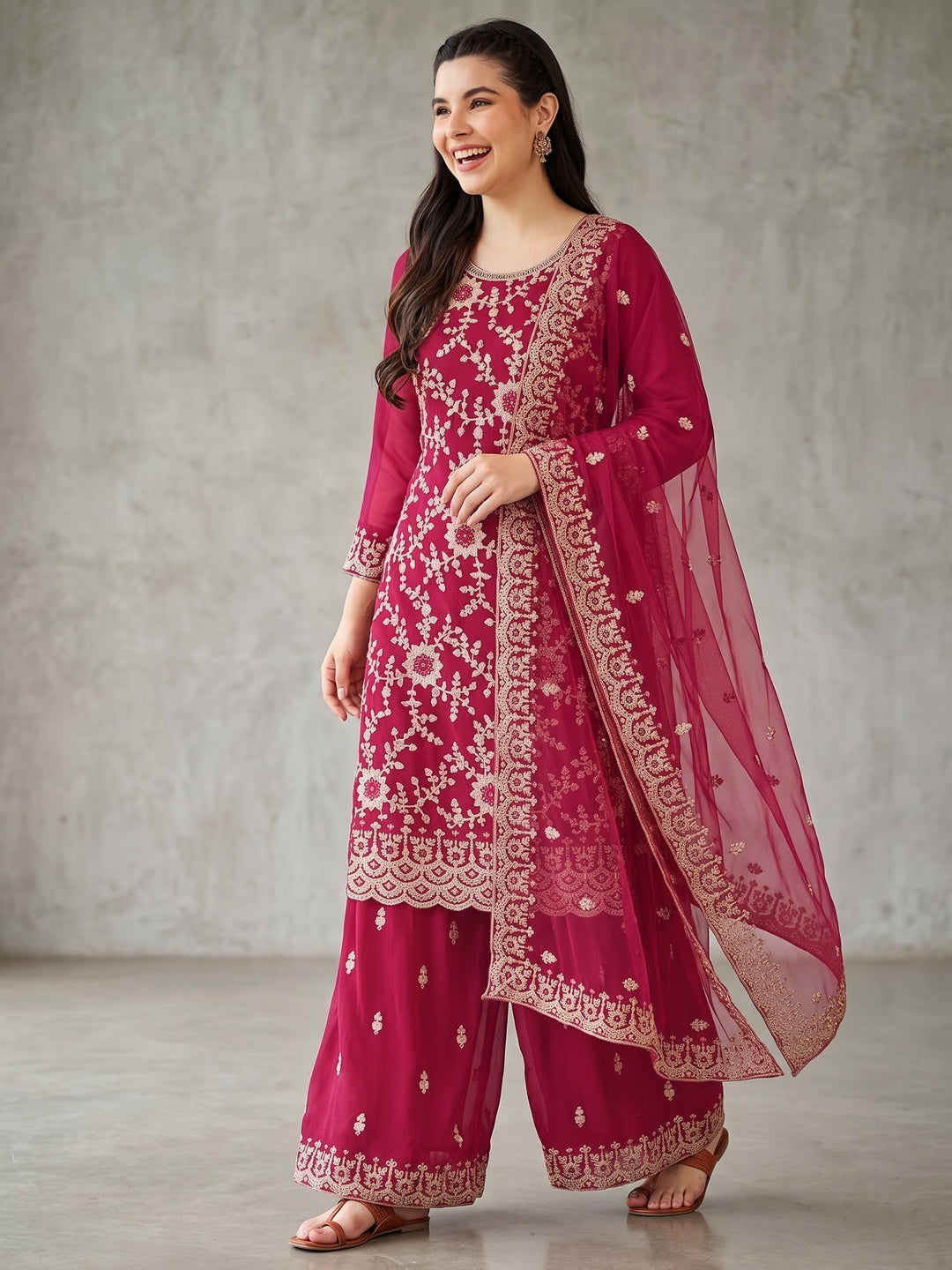 Pink Floral Embroidered Georgette Semi Stitched Suit - Image 4