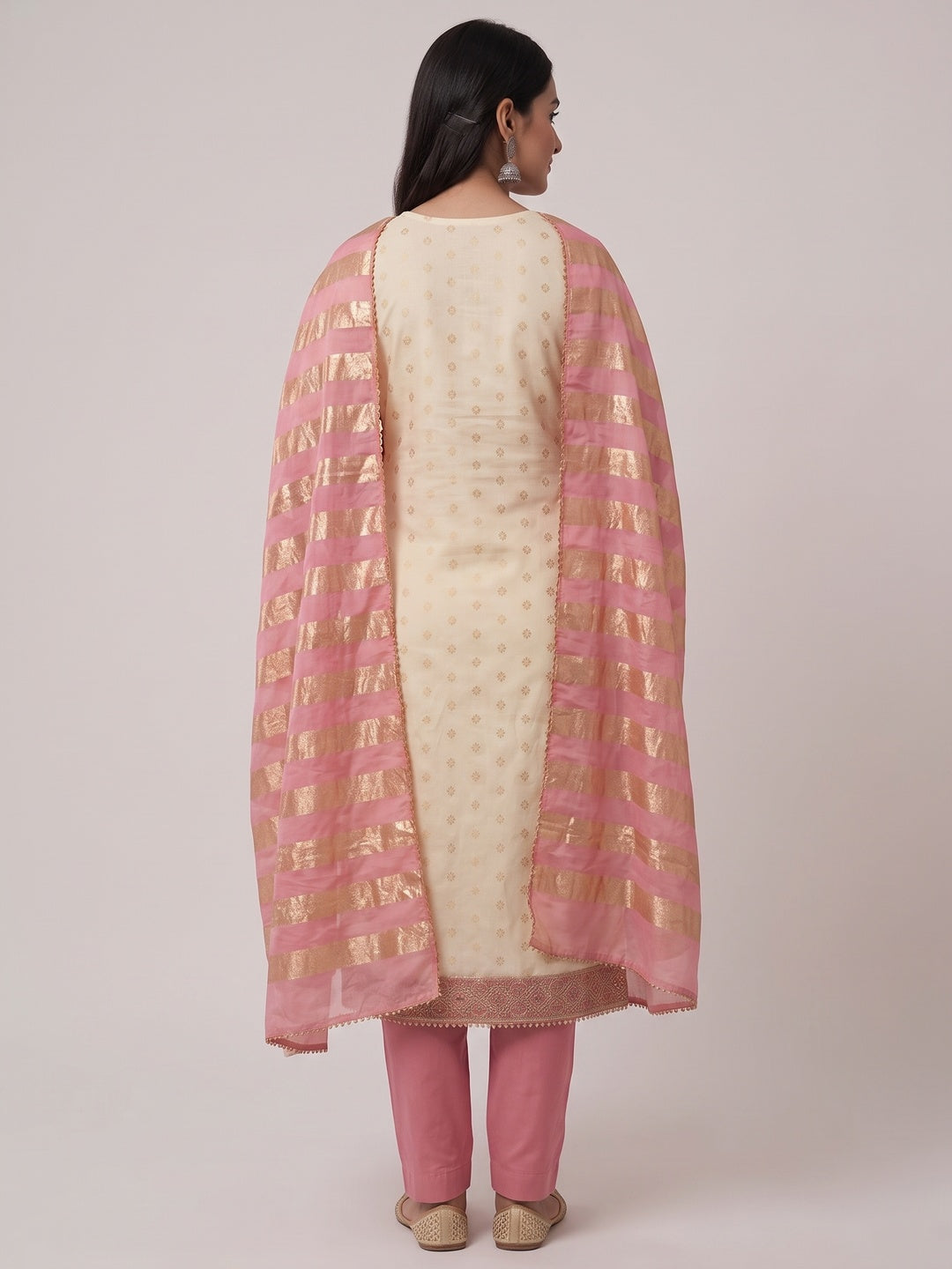 Cream & Pink Floral Weaving Shimmer Dress Material Adorned With Elegant Sequins Embroidery - Image 3