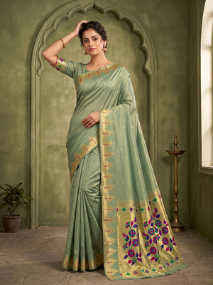 Peachmode Green Bamboo Tissue Silk Paithani Saree - Image 1