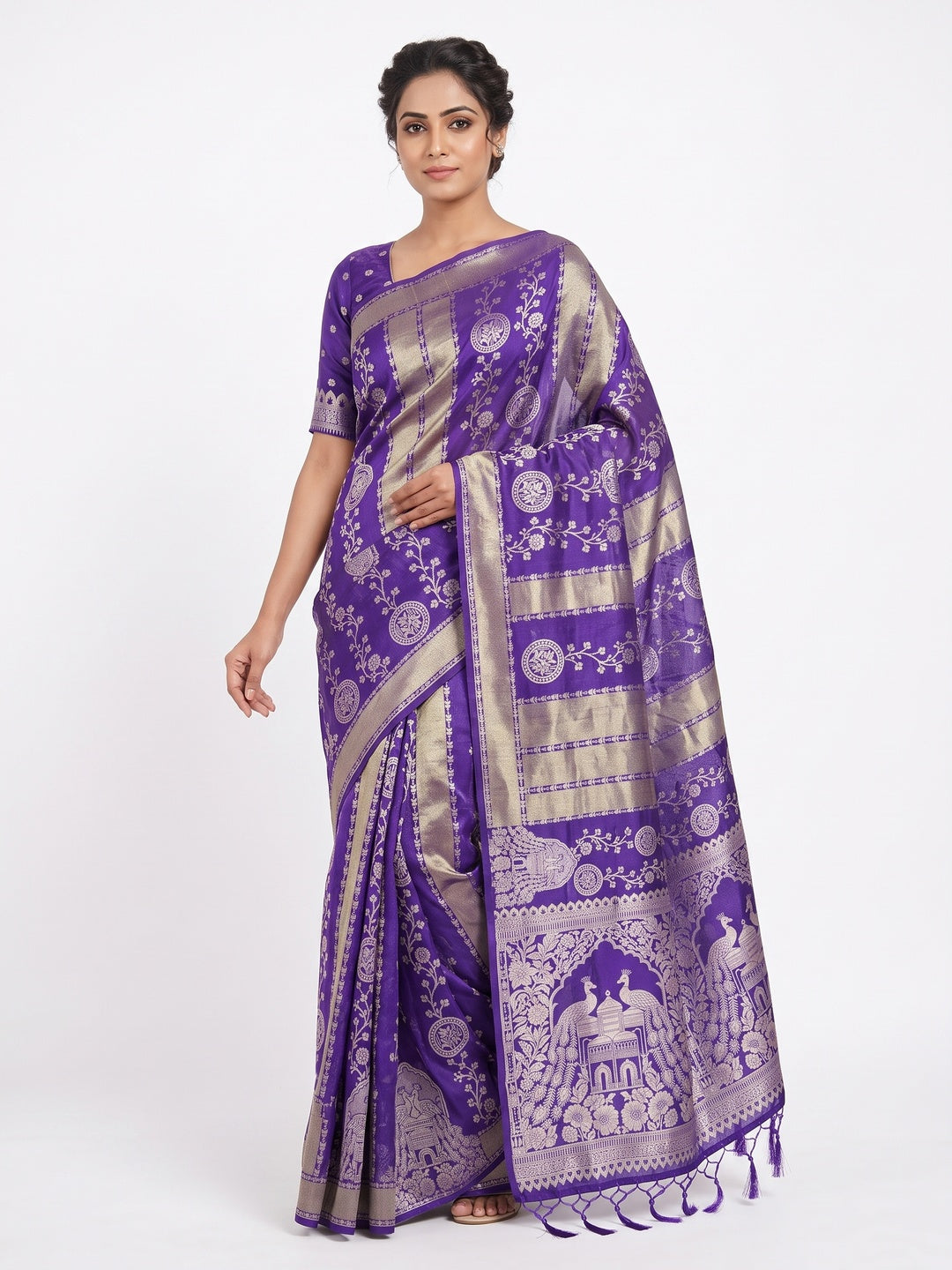 Violet Festive Wear Chinya Tissue Silk Saree Enhanced with Intricate Zari Weaving Detailing - Image 1