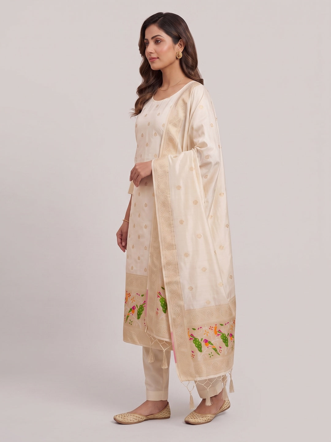 White Floral Zari Woven Banarasi Silk Dress Material - Image 2