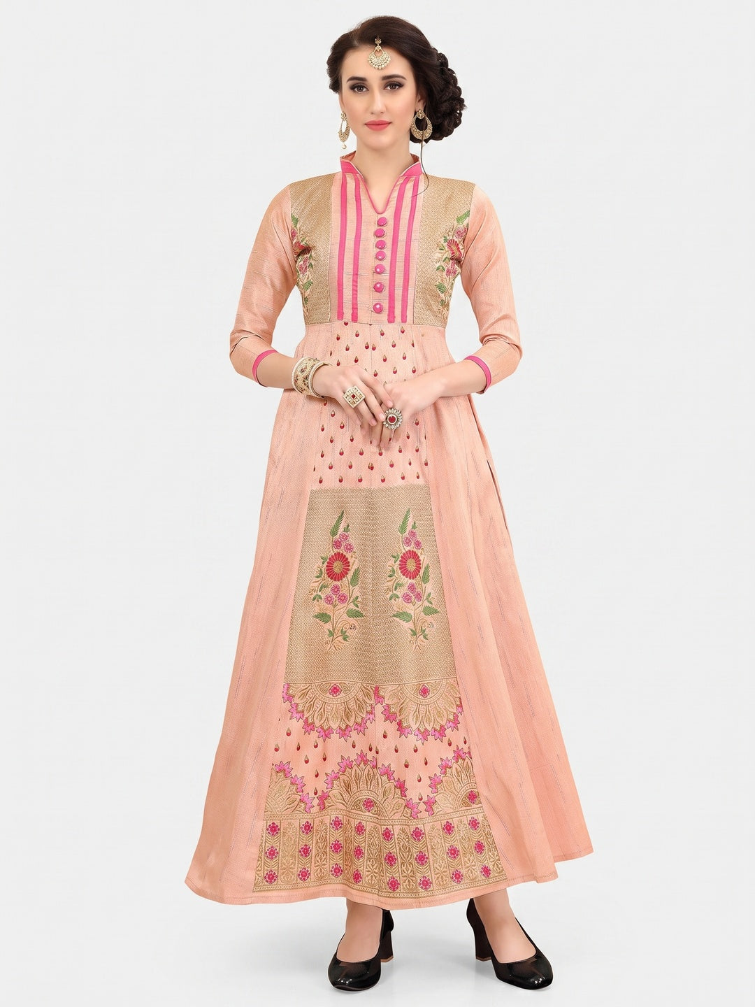 Peach Festive Wear Floral Embroidered Fancy Fabric Anarkali Suit - Image 1
