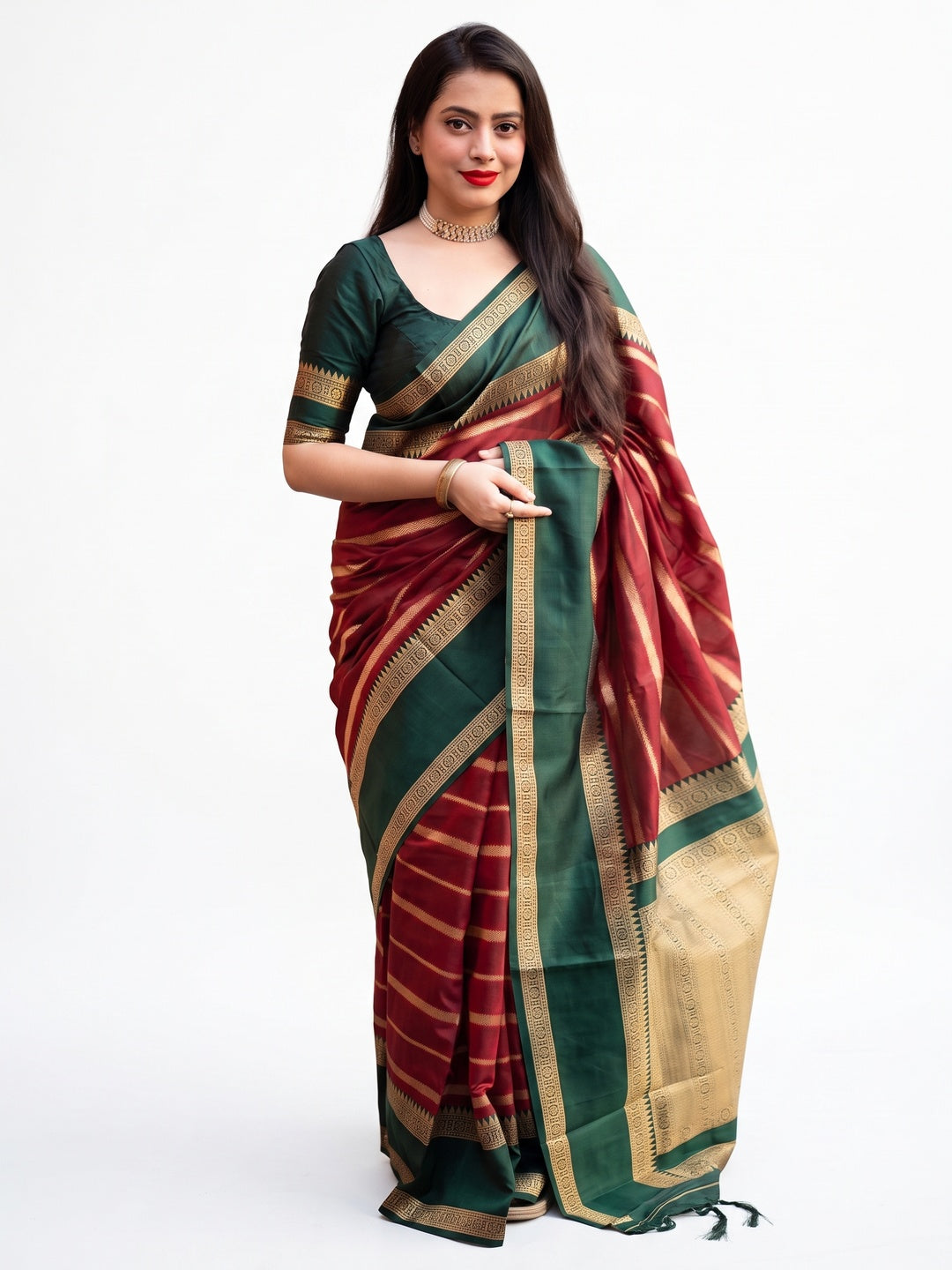 Maroon Woven Banarasi Silk Saree with Tassels - Image 1