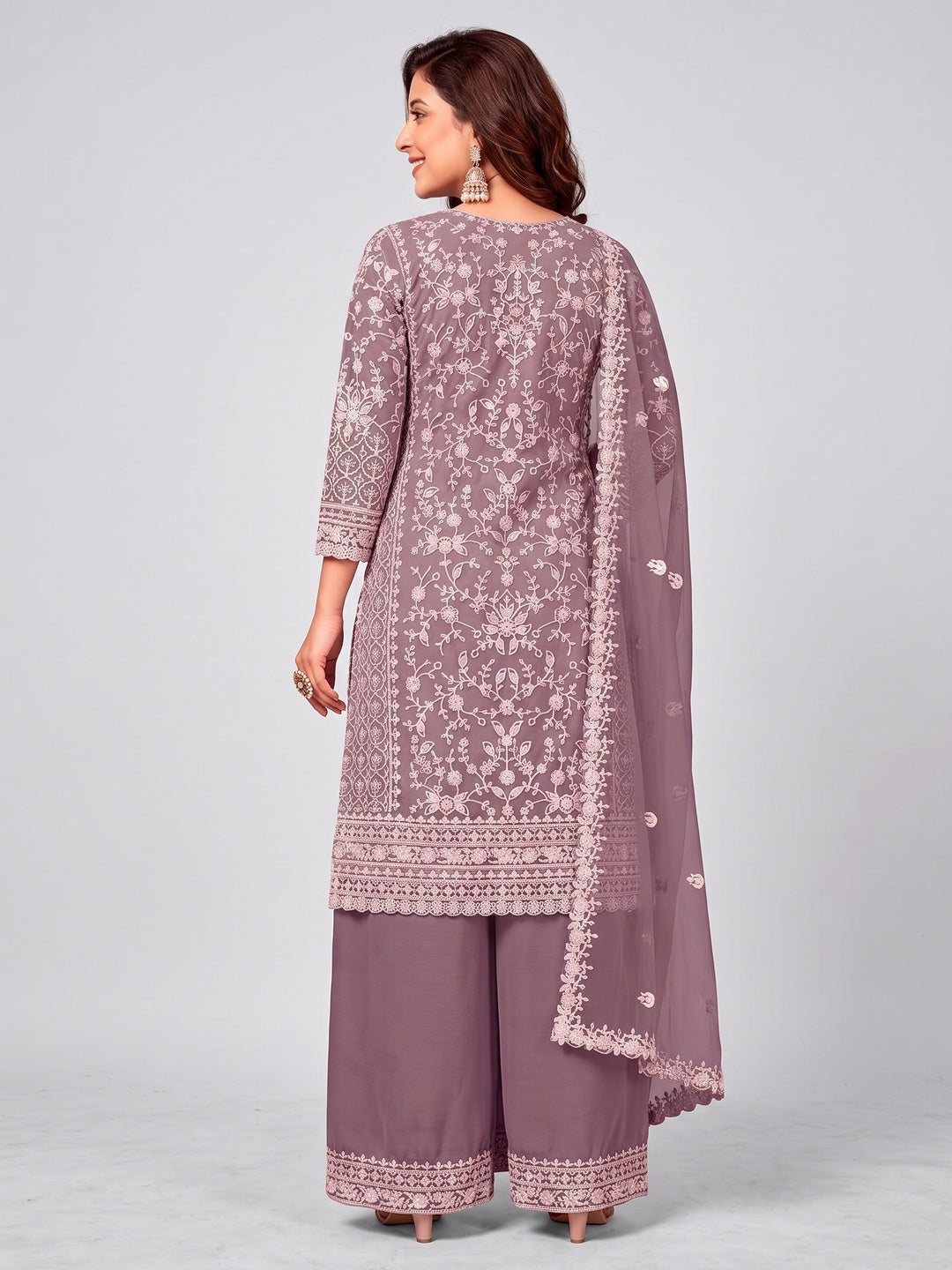 Purple Floral Embroidered Net Semi Stitched Suit - Image 1
