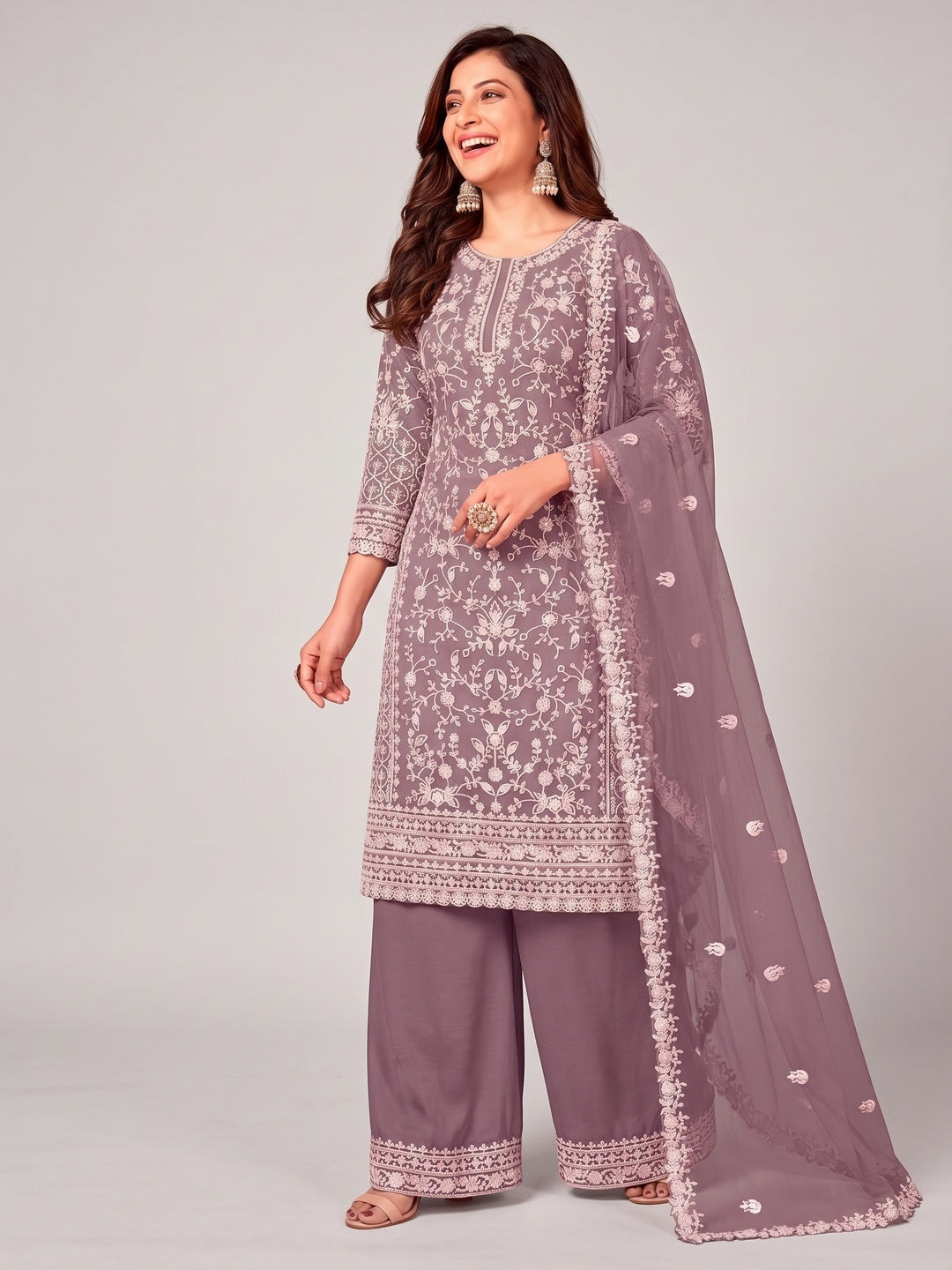 Purple Floral Embroidered Net Semi Stitched Suit - Image 3