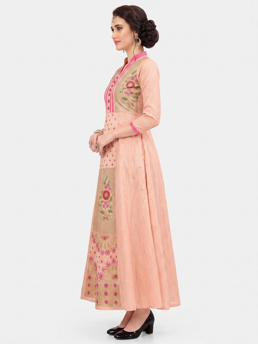 Peach Festive Wear Floral Embroidered Fancy Fabric Anarkali Suit - Image 3