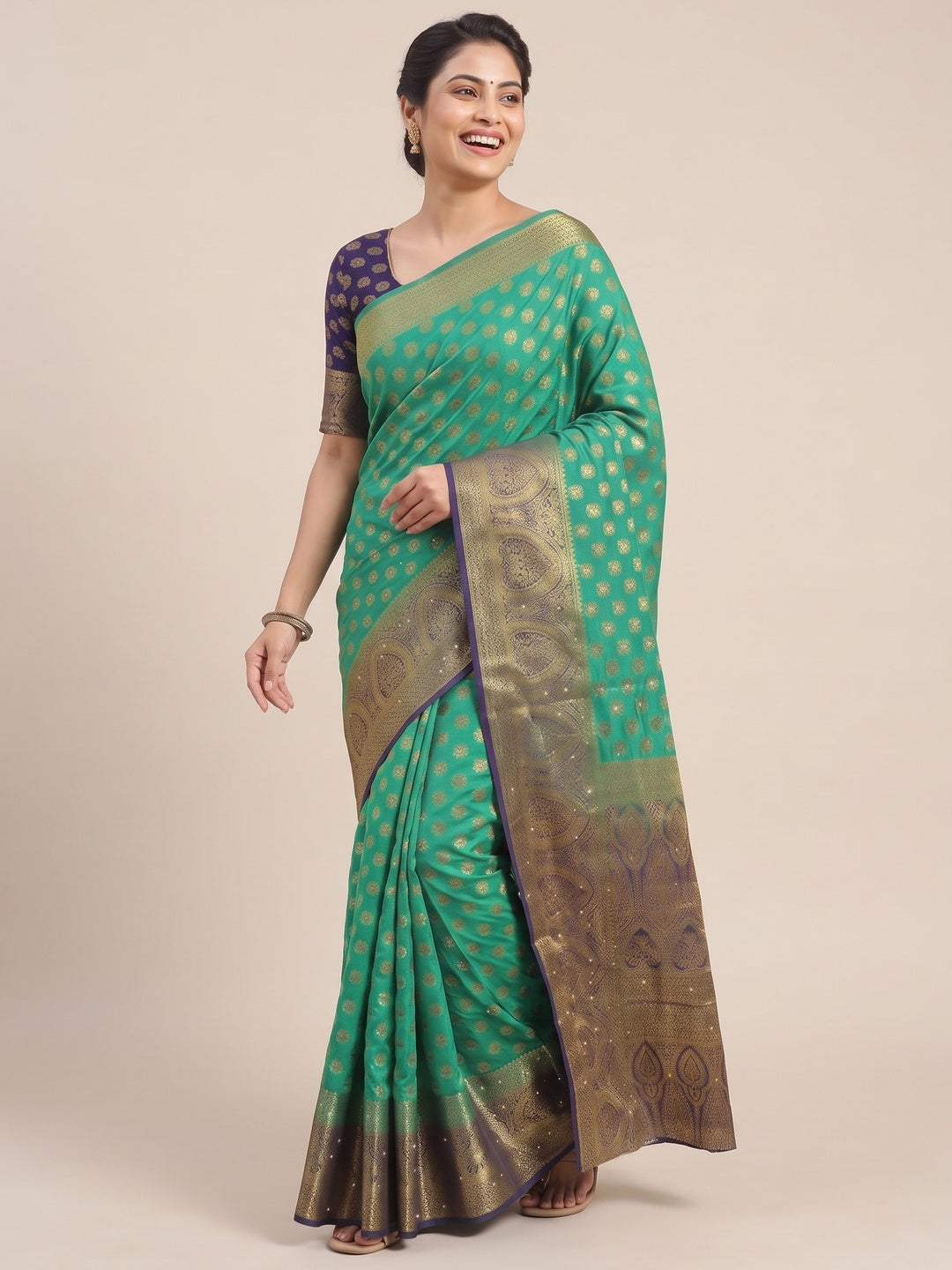 Green Woven With Stone Work Banarasi Silk Saree - Image 7