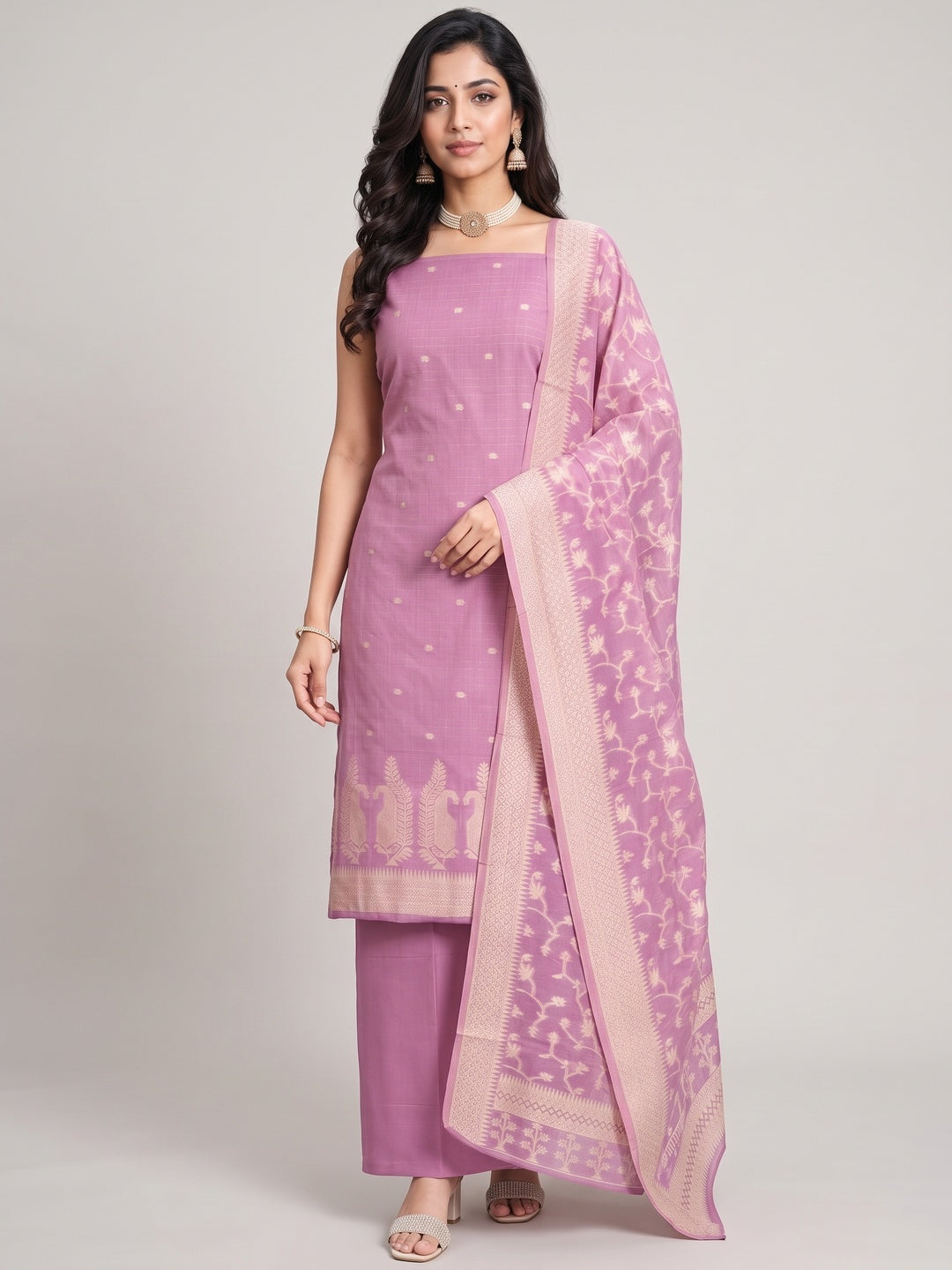 Peachmode Pink Cotton Dress Material with Ethnic Motifs - Image 2