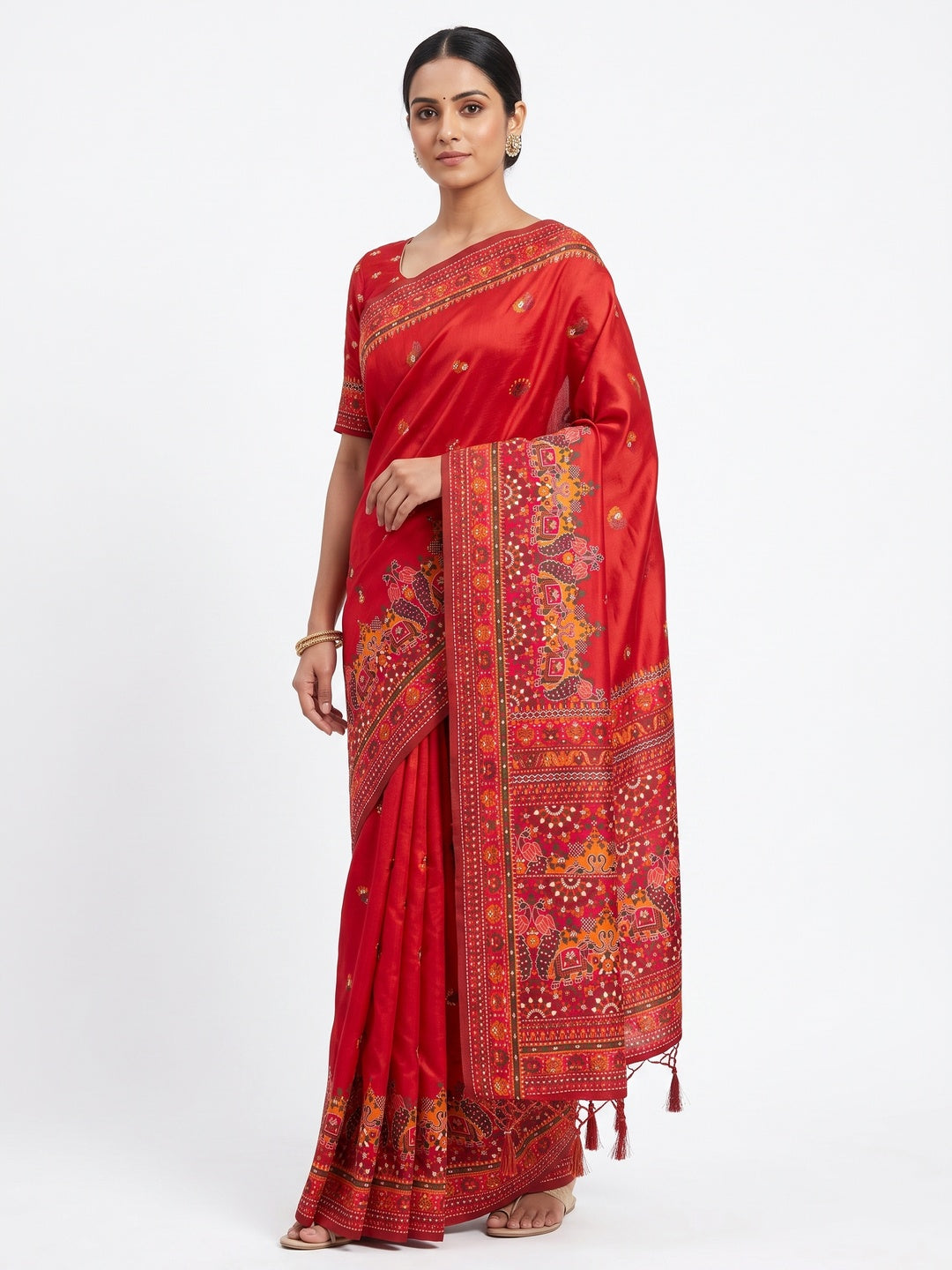 Red Pashmina Silk Weaving Saree Designed in Classic Rajwadi Style for Festive Wear - Image 1