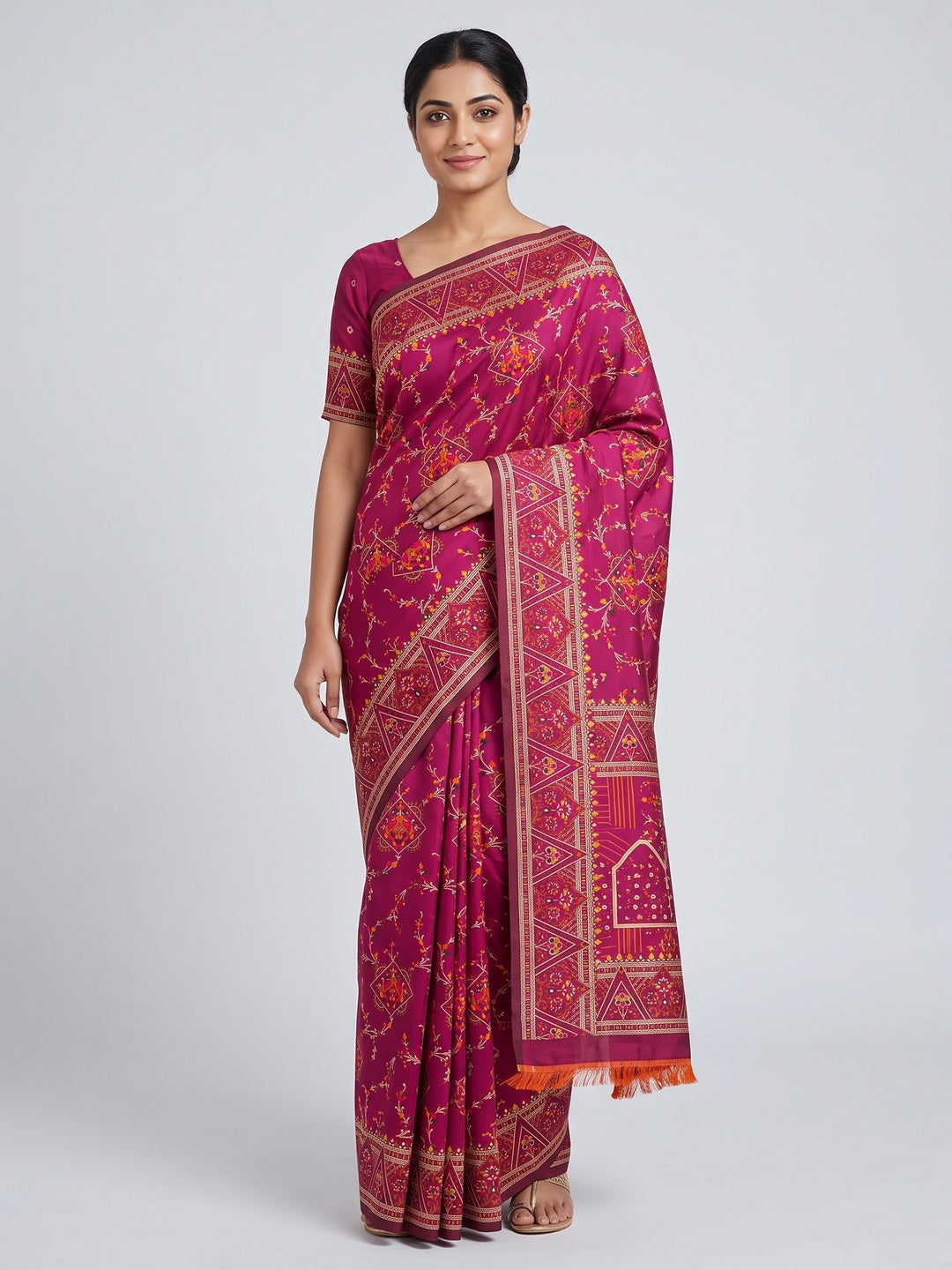 Pink Traditional Rajwadi Weaving Pashmina Silk Saree With Kashmiri Pallu & Elegant Zari Border - Image 1