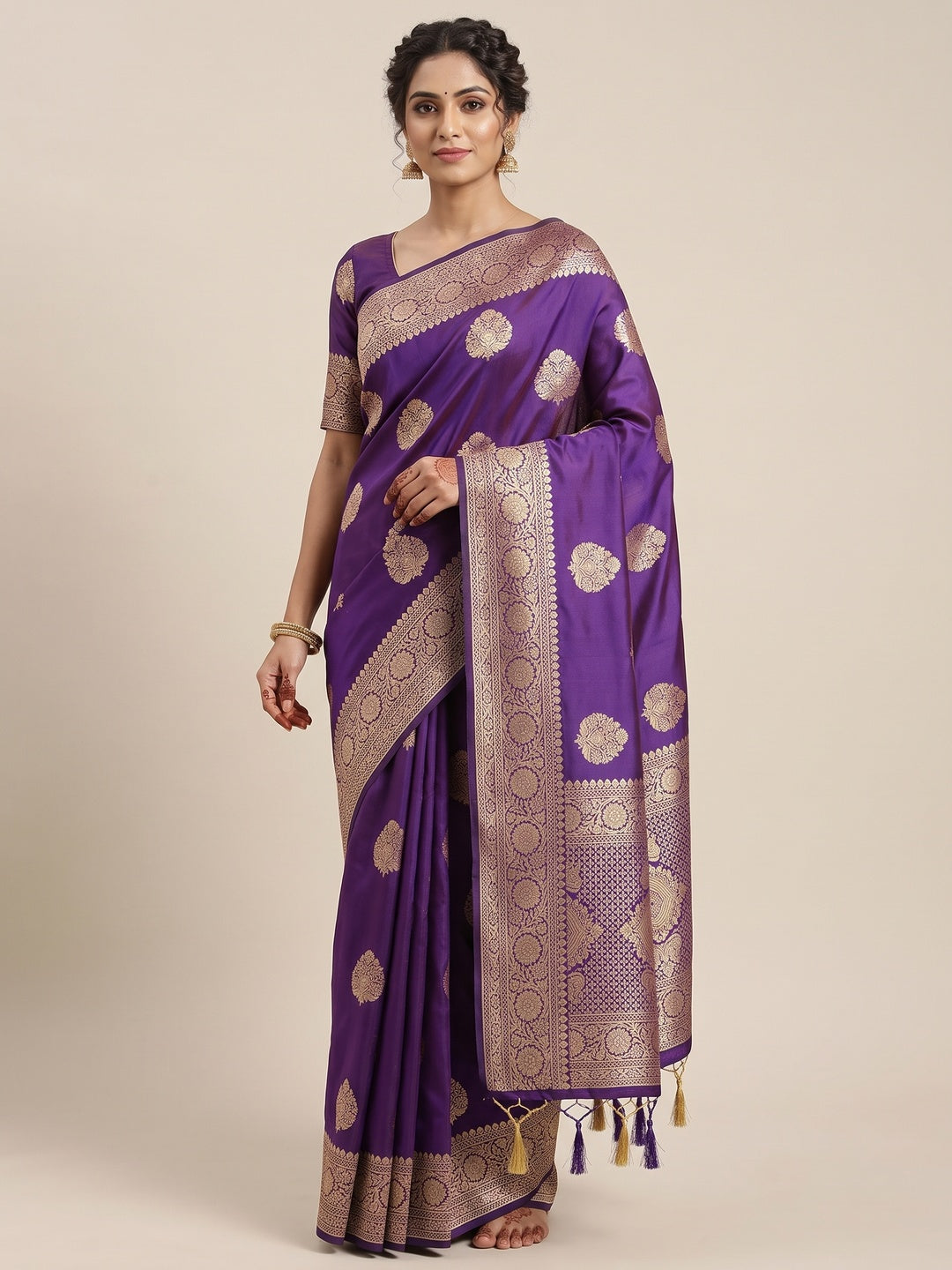 Violet Pure Banarasi Silk Saree Adorned with Intricate Zari Butti Woven Detailing - Image 1