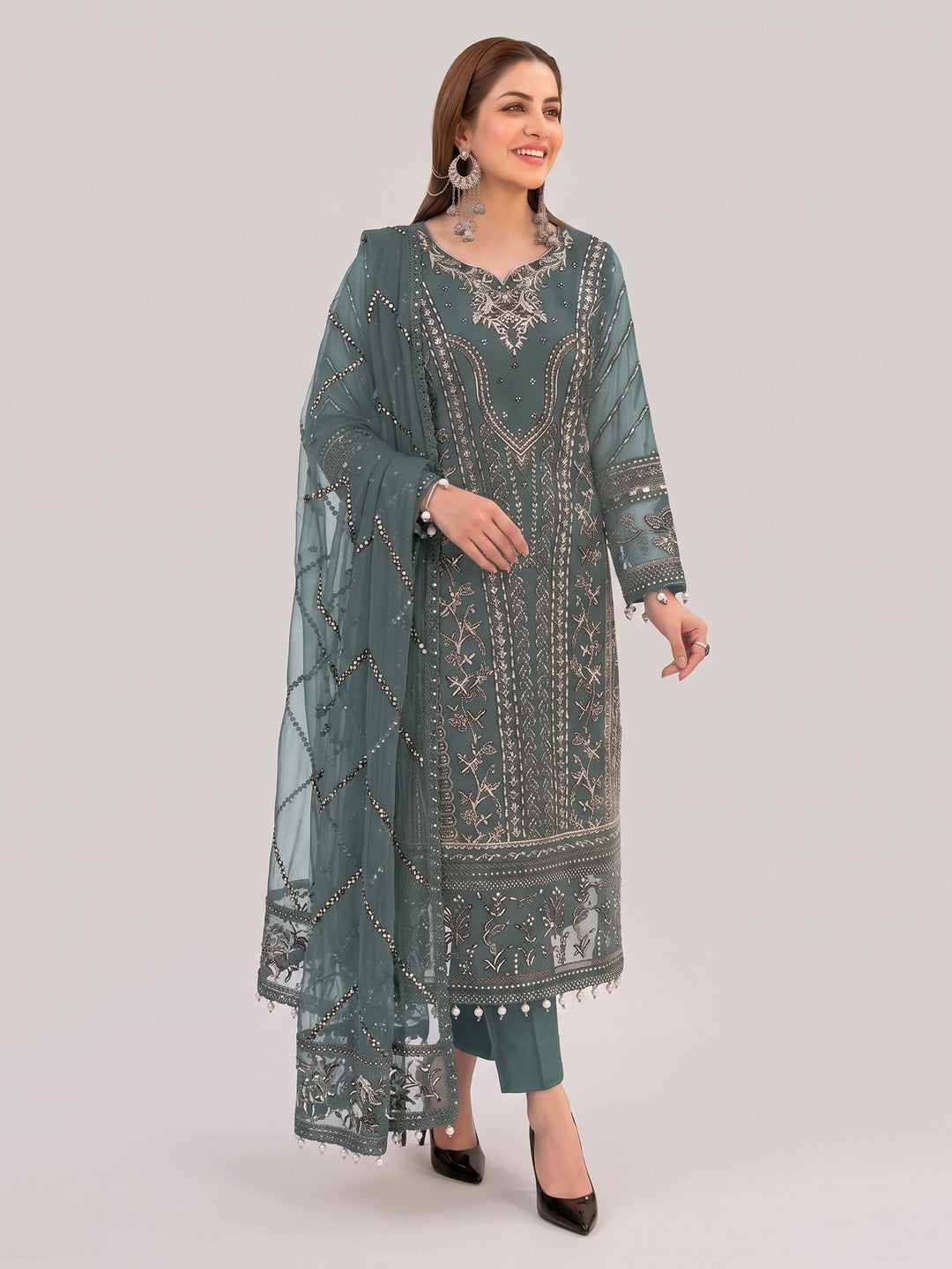 Green Floral Embroidered Georgette Semi Stitched Pakistani Suit - Image 4