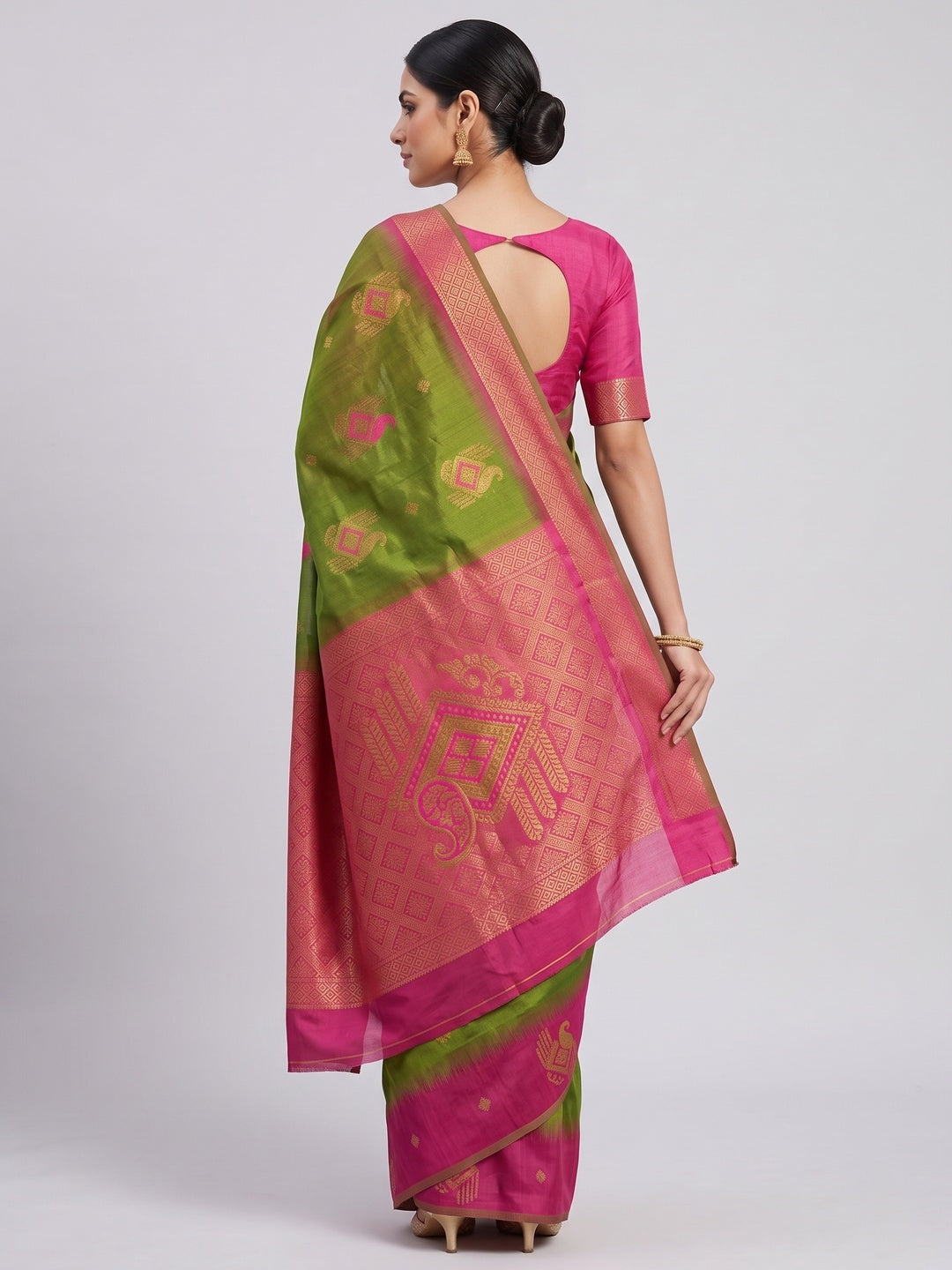 Green & Pink Classic Tissue Silk Saree with Zari Weaving - Image 2