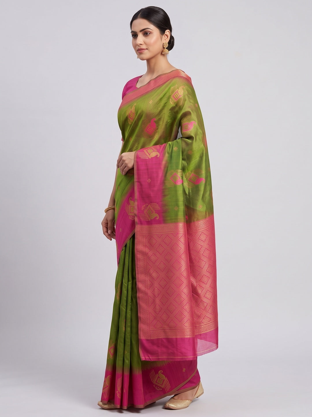 Green & Pink Classic Tissue Silk Saree with Zari Weaving - Image 3