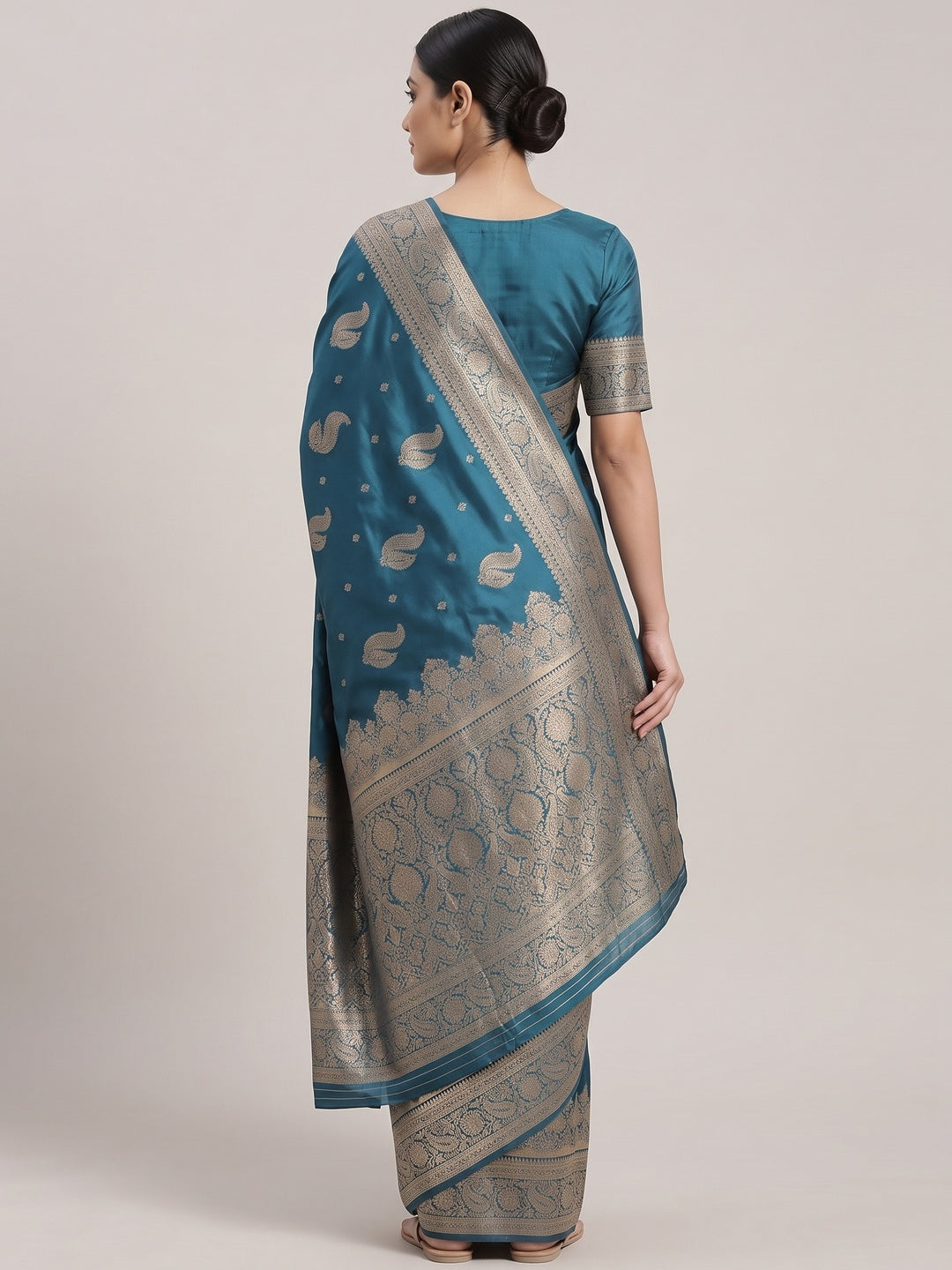 Teal Pure Banarasi Silk Saree Adorned with Exquisite Floral Zari Weaving - Image 2